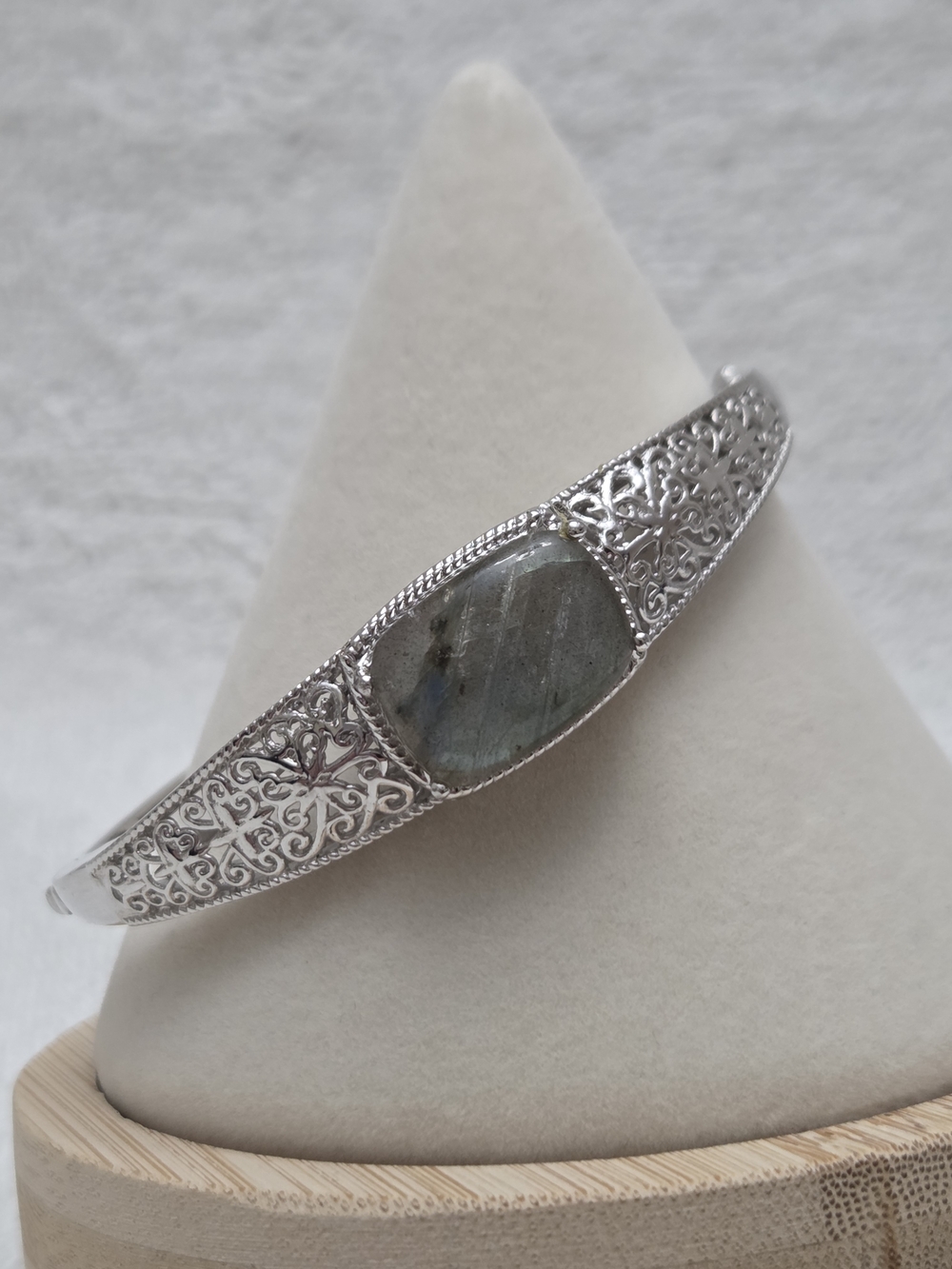 Malagasy Labradorite Silver Toned Filigree Bangle Bracelet